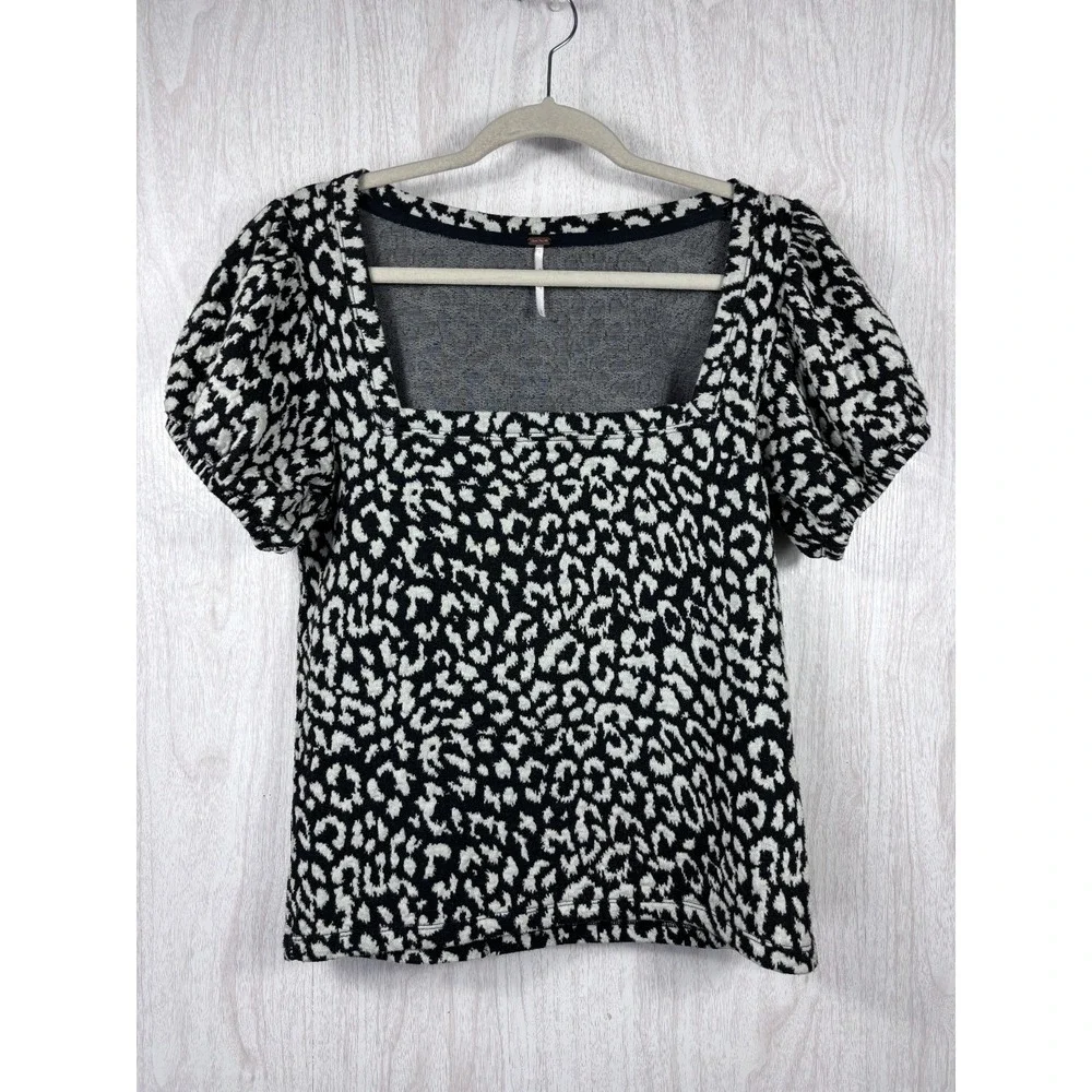 Free People Leopard Top‎ Women's L Black White Puff Sleeve Square Neck Boho Chic